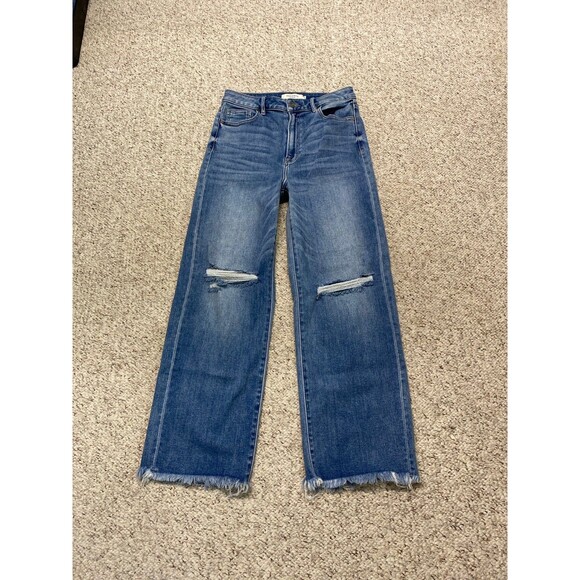 HIDDEN Denim - 29 Buckle Hidden High-Rise Straight Wide Leg Distressed Raw Fray Hem